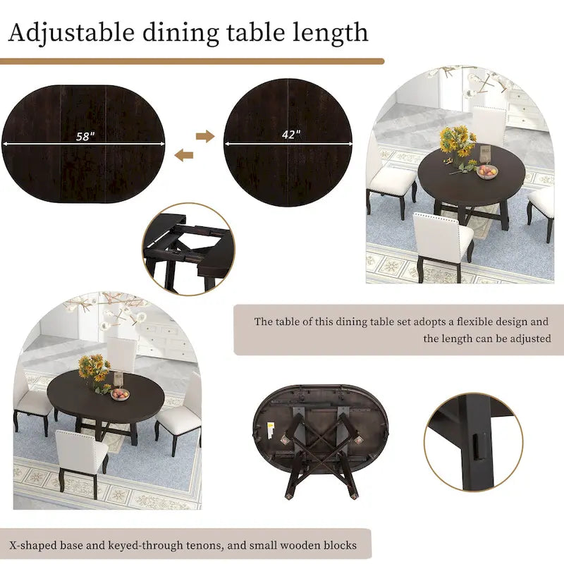 Table de salle à manger ronde extensible TREXM Farmhouse avec plateau en bois de 16 feuilles