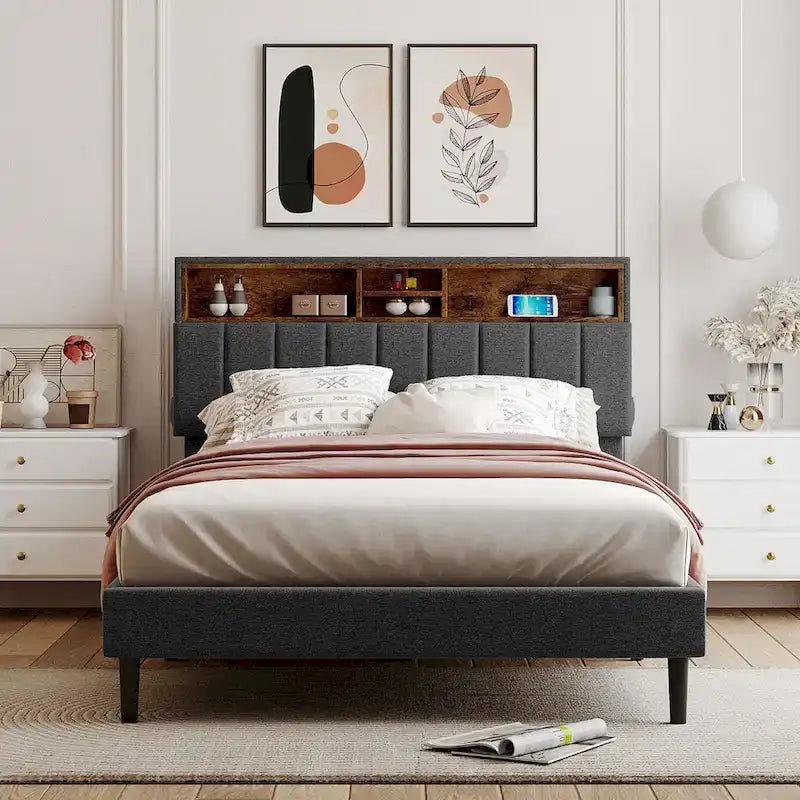 Lit double rembourré avec tête de lit de rangement et port USB