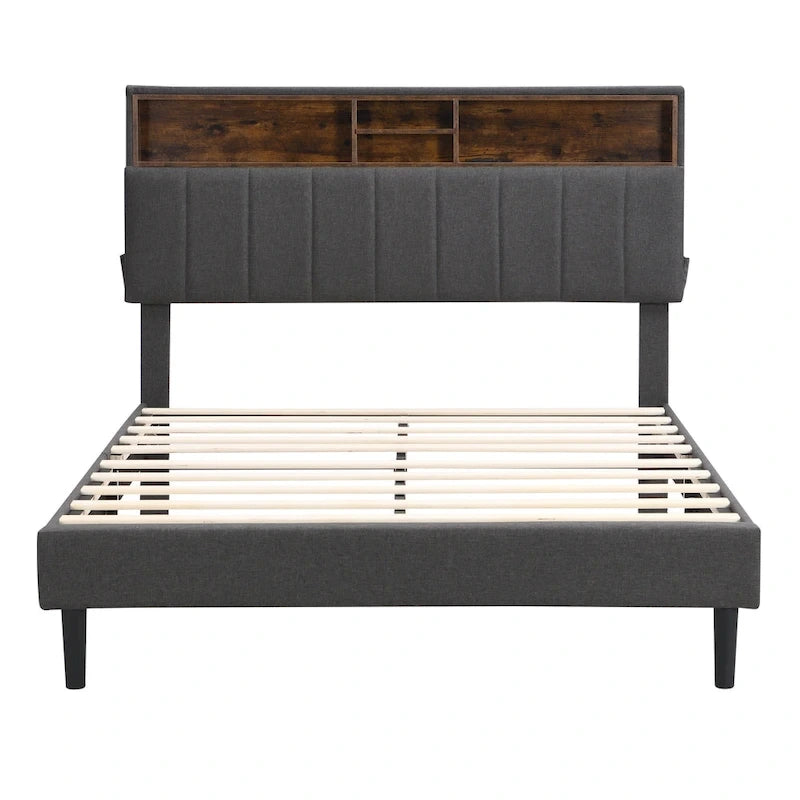 Lit double rembourré avec tête de lit de rangement et port USB