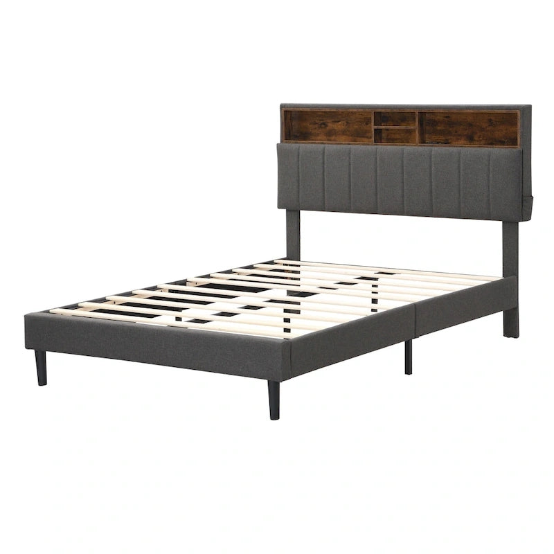 Lit double rembourré avec tête de lit de rangement et port USB