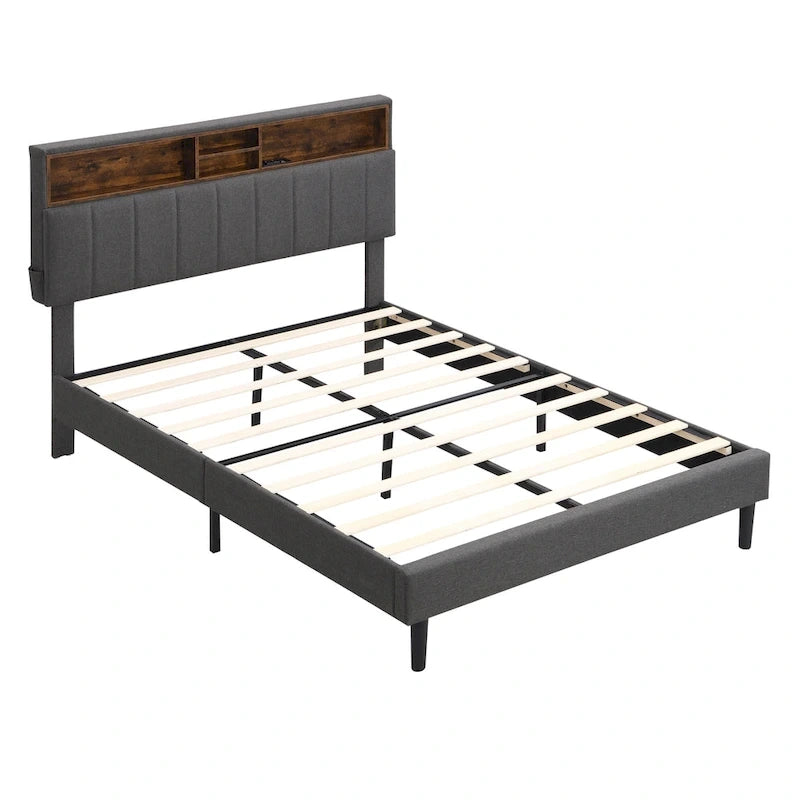 Lit double rembourré avec tête de lit de rangement et port USB