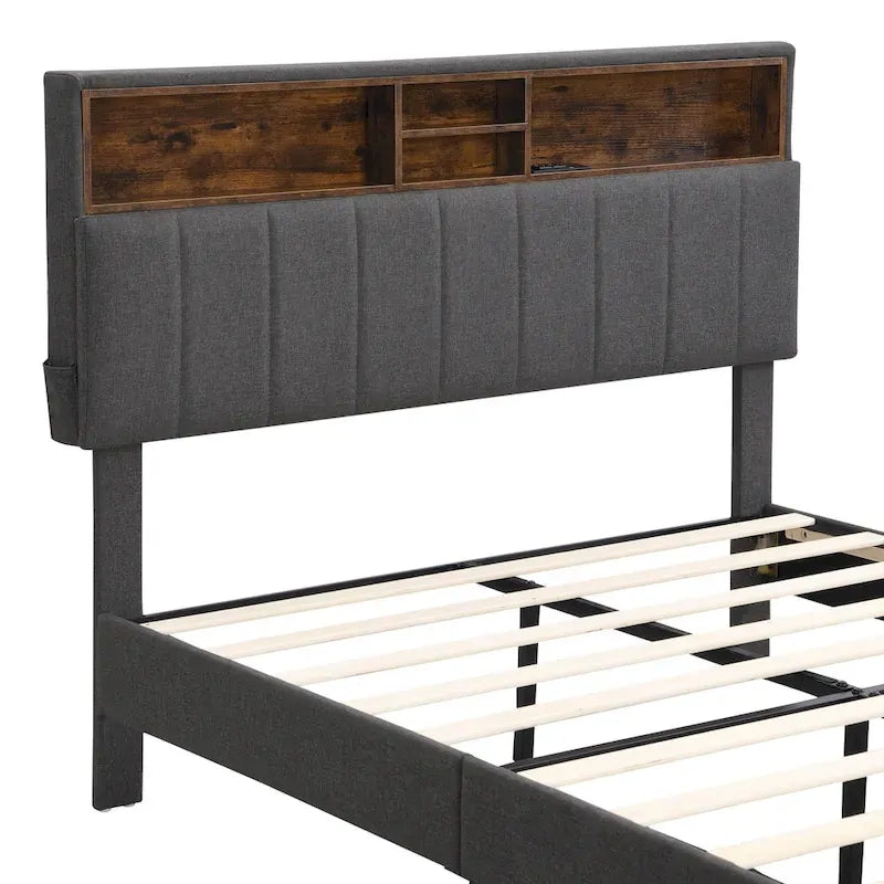 Lit double rembourré avec tête de lit de rangement et port USB