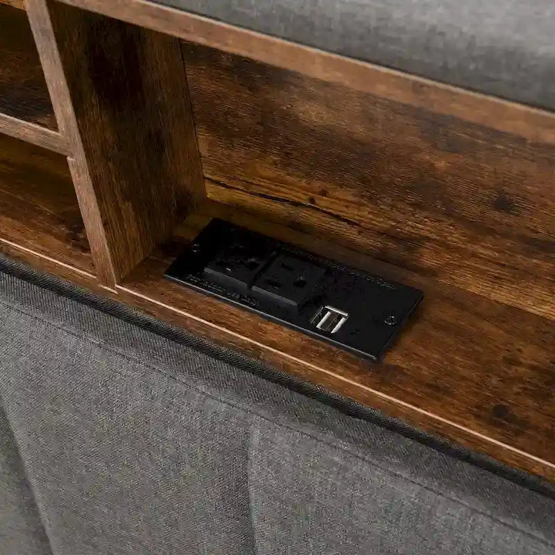 Lit double rembourré avec tête de lit de rangement et port USB