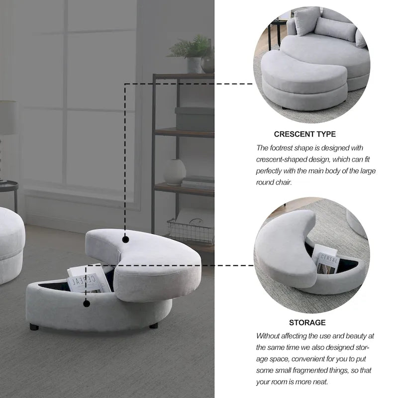 Welike Fauteuil de salon moderne gris pivotant avec pouf de rangement