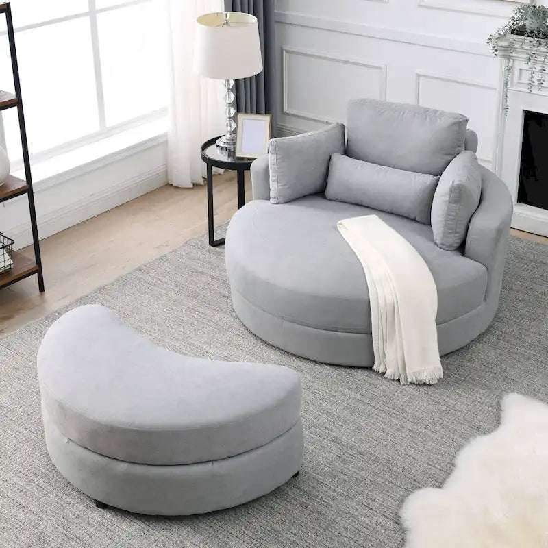 Welike Fauteuil de salon moderne gris pivotant avec pouf de rangement