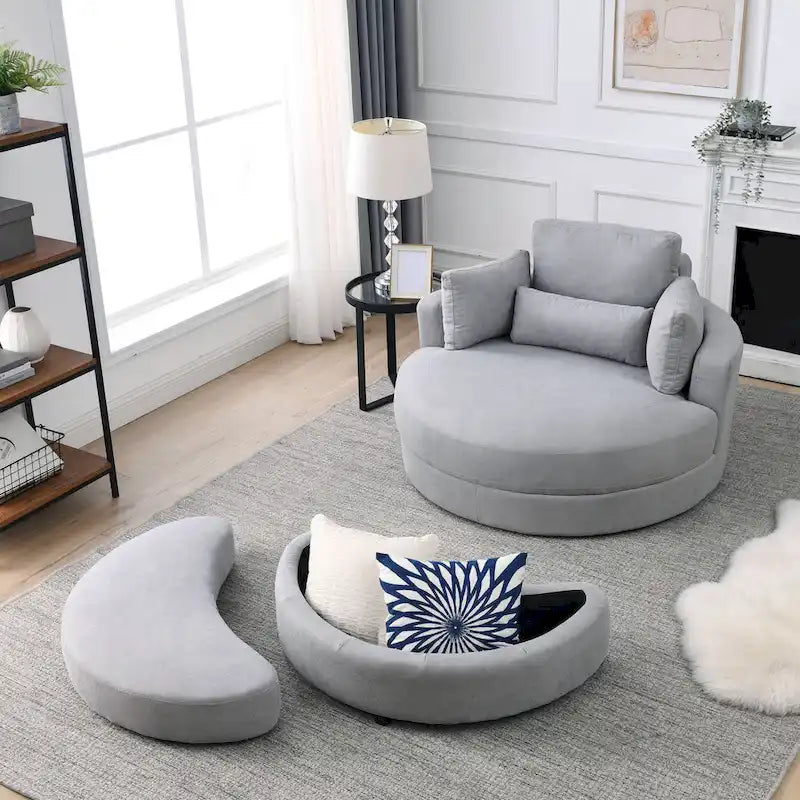 Welike Fauteuil de salon moderne gris pivotant avec pouf de rangement