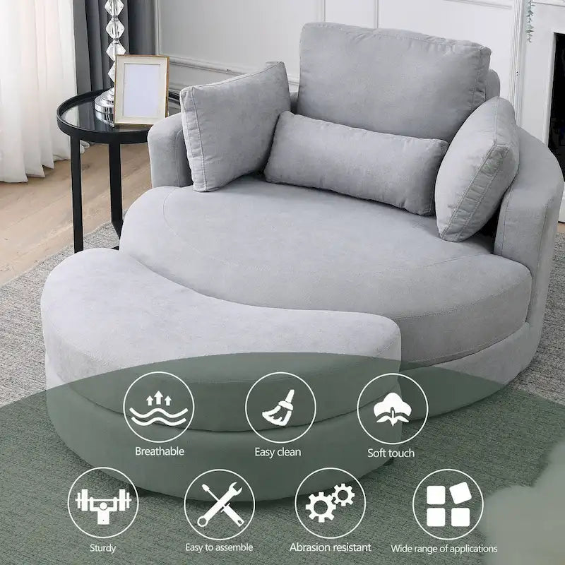 Welike Fauteuil de salon moderne gris pivotant avec pouf de rangement