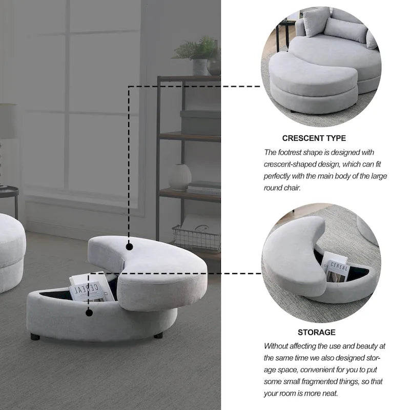 Welike Fauteuil de salon moderne gris pivotant avec pouf de rangement