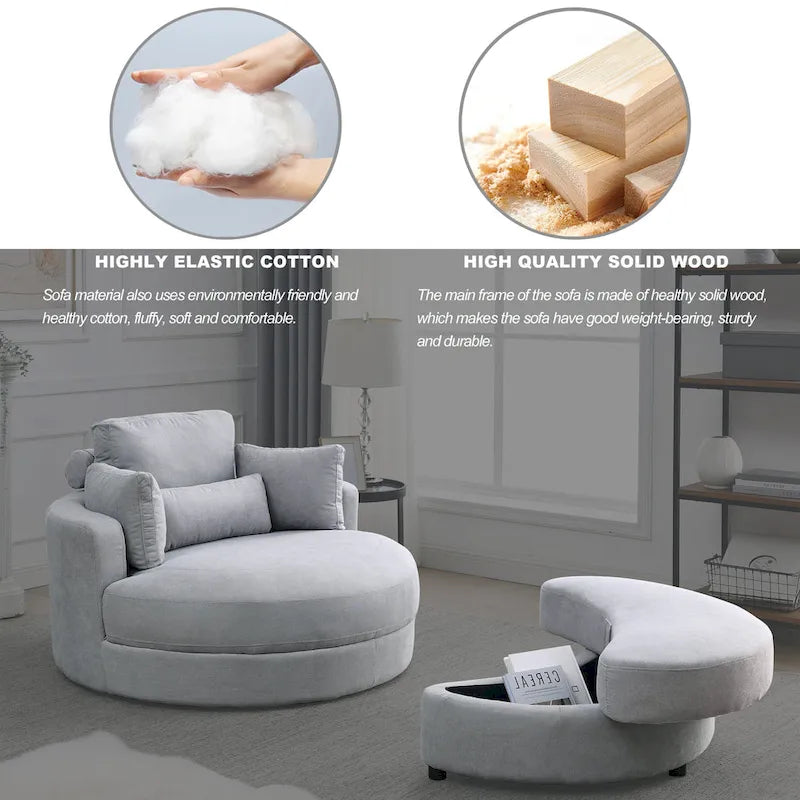 Welike Fauteuil de salon moderne gris pivotant avec pouf de rangement
