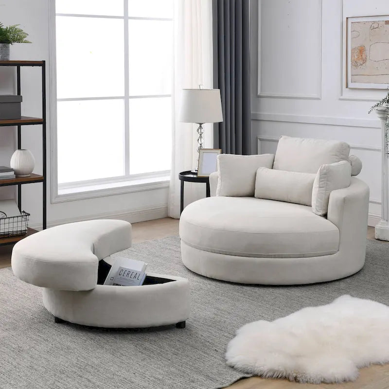 Welike Fauteuil de salon moderne gris pivotant avec pouf de rangement
