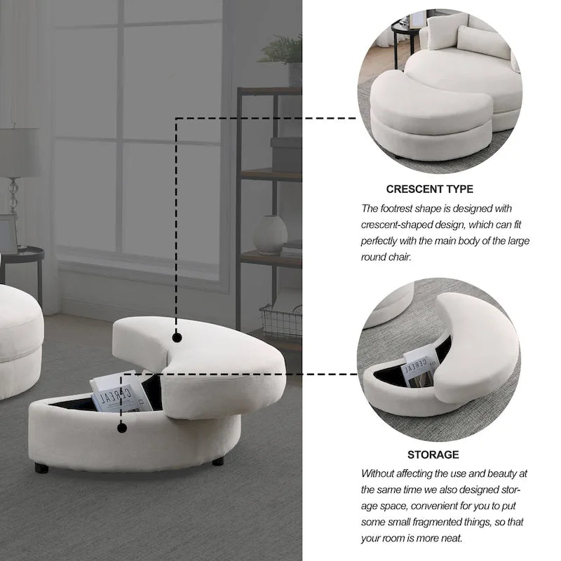 Welike Fauteuil de salon moderne gris pivotant avec pouf de rangement