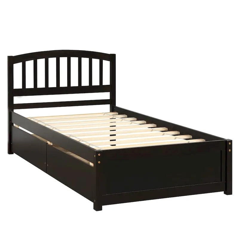 Lit plateforme double de rangement en bois avec deux tiroirs et tête de lit