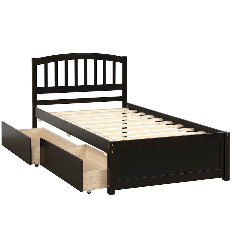 Lit plateforme double de rangement en bois avec deux tiroirs et tête de lit