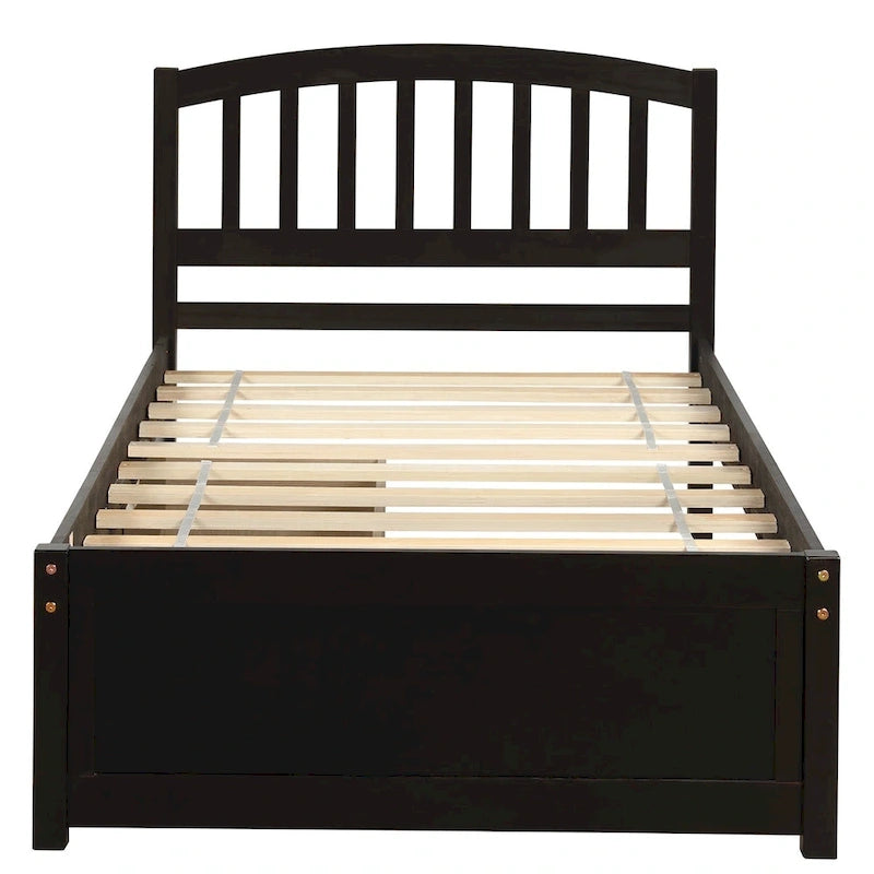 Lit plateforme double de rangement en bois avec deux tiroirs et tête de lit