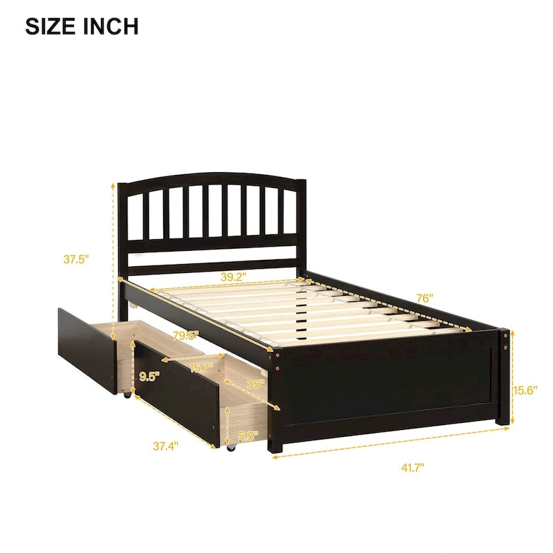 Lit plateforme double de rangement en bois avec deux tiroirs et tête de lit