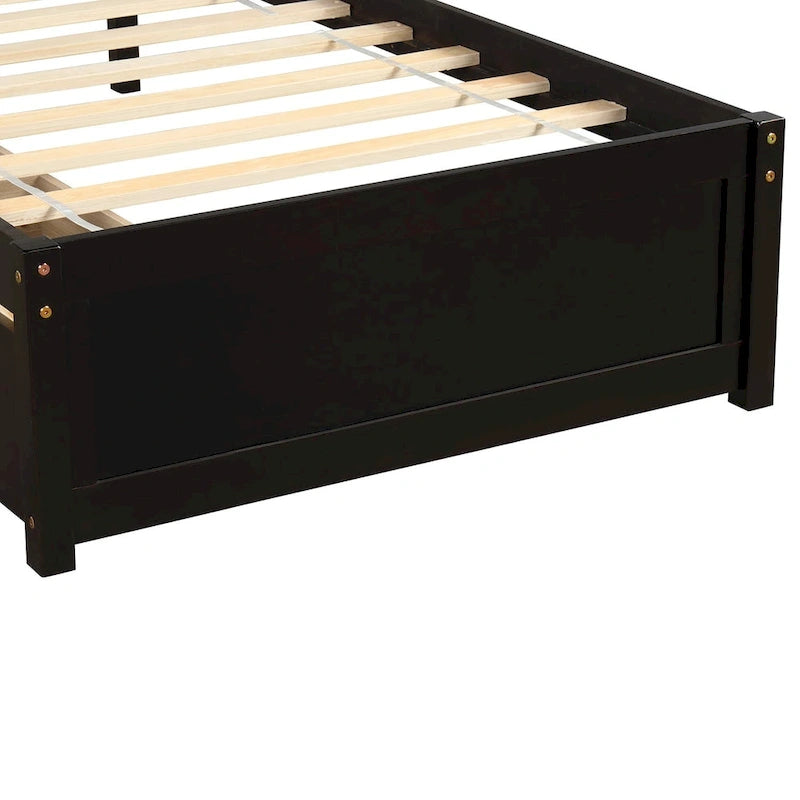 Lit plateforme double de rangement en bois avec deux tiroirs et tête de lit