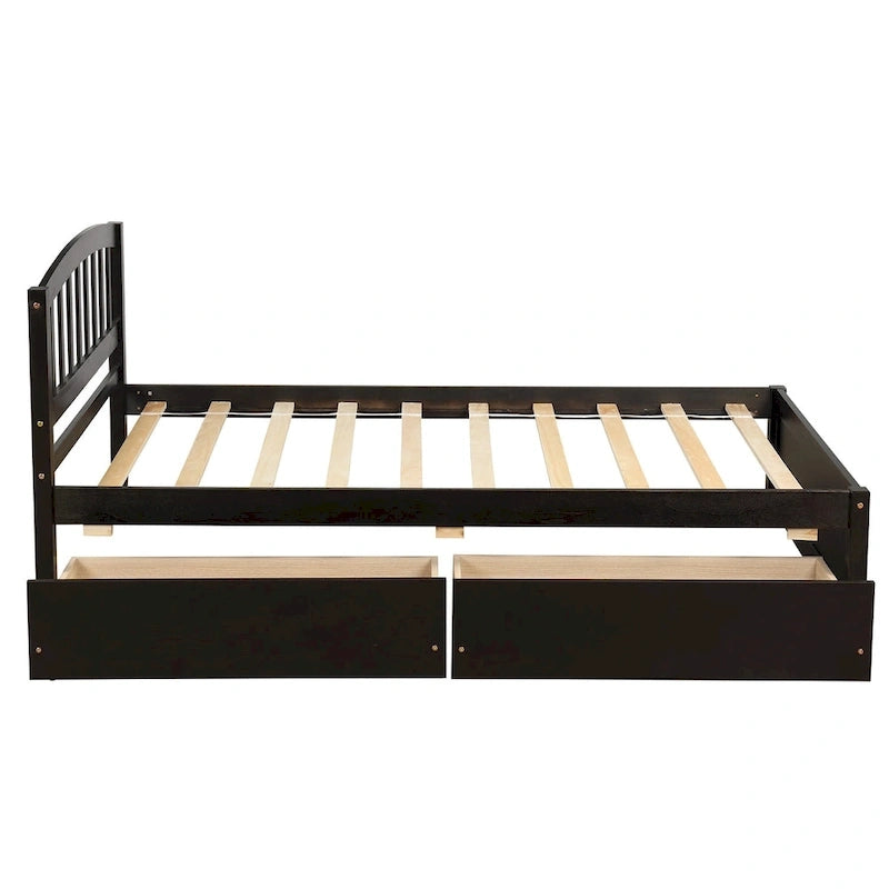 Lit plateforme double de rangement en bois avec deux tiroirs et tête de lit