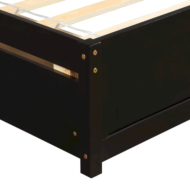 Lit plateforme double de rangement en bois avec deux tiroirs et tête de lit