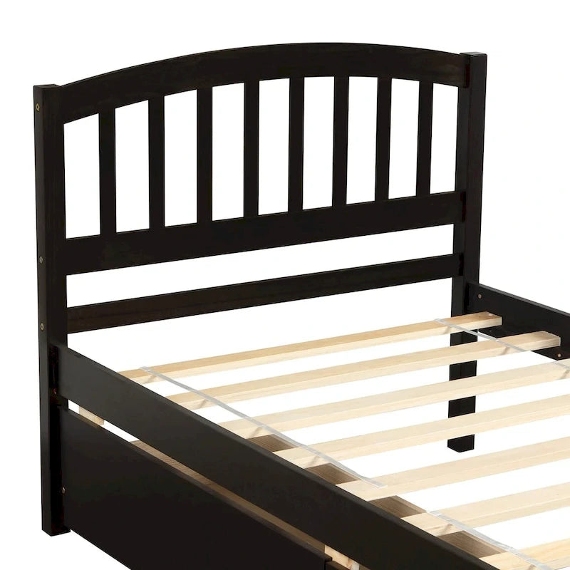 Lit plateforme double de rangement en bois avec deux tiroirs et tête de lit