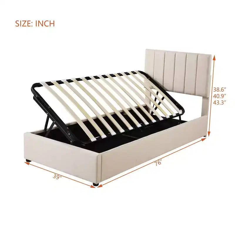 Lit de rangement relevable double Bellemave, lit plateforme tapissé avec système de rangement hydraulique, tête de lit à rayures verticales, beige