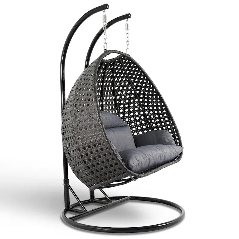 LeisureMod Fauteuil suspendu œuf 2 places avec support - Balançoire / hamac de patio en rotin osier pour extérieur/intérieur avec coussins