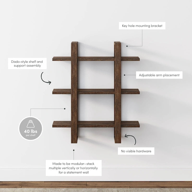Étagères Murales Flottantes Nathan James Benji, Étagère d'Exposition à 3 Niveaux, Étagère Modulable Décorative en Bois Massif