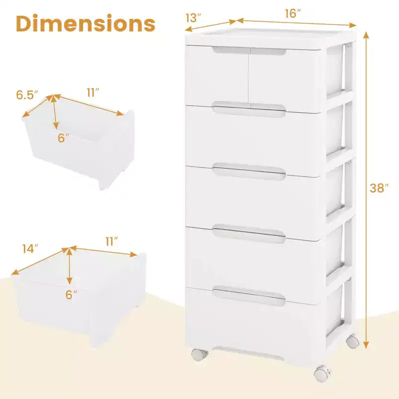 Meuble de rangement à roulettes en plastique à 6 tiroirs avec 4 roues universelles, armoire de commode