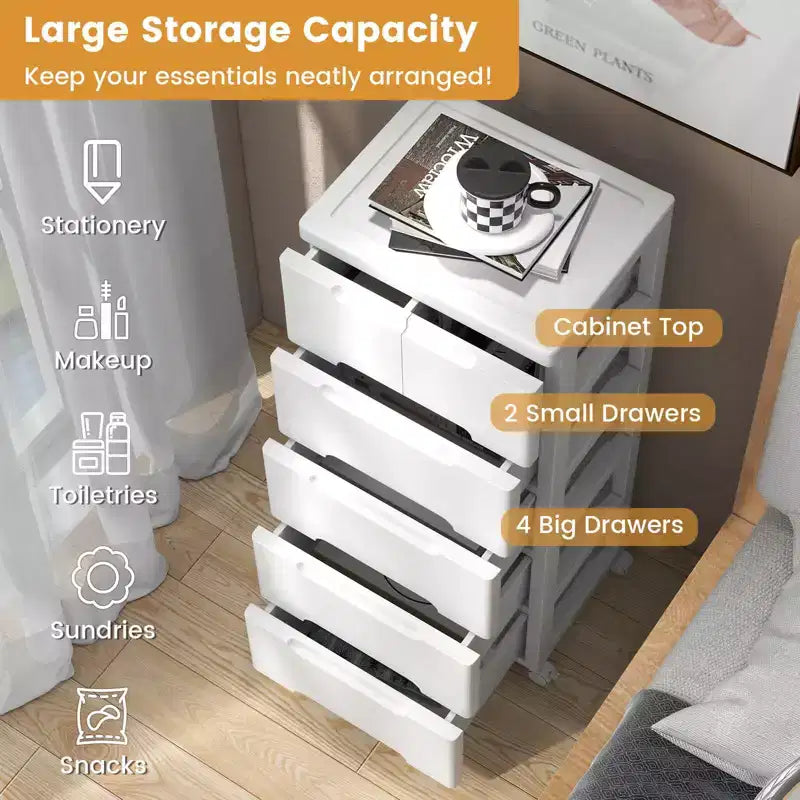 Meuble de rangement à roulettes en plastique à 6 tiroirs avec 4 roues universelles, armoire de commode