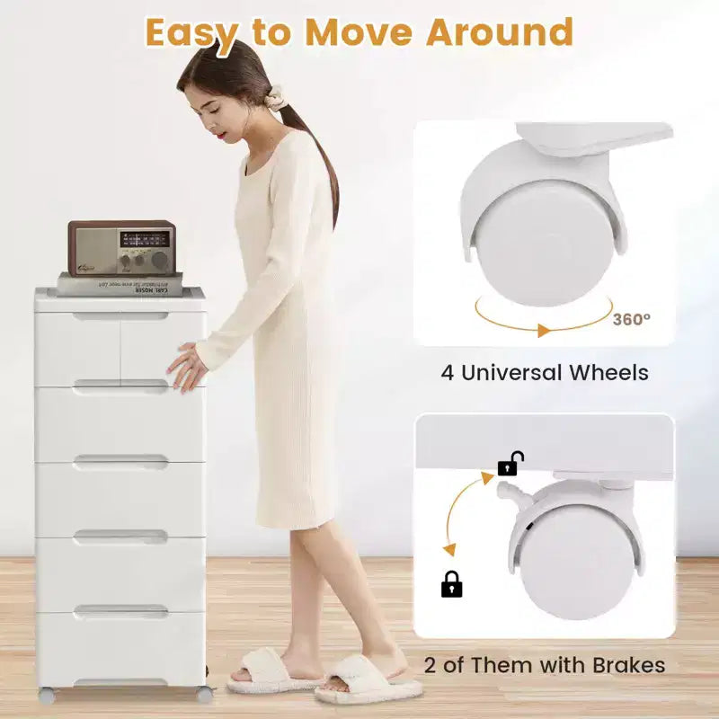 Meuble de rangement à roulettes en plastique à 6 tiroirs avec 4 roues universelles, armoire de commode