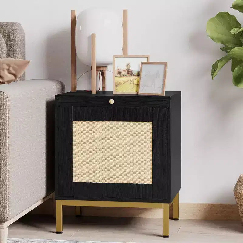 Whizmax Rattan End Table, Wood Nightstand with Tray for Living Room, Bedroom Side Table with Storage Shelf for Entryway, Small Spaces