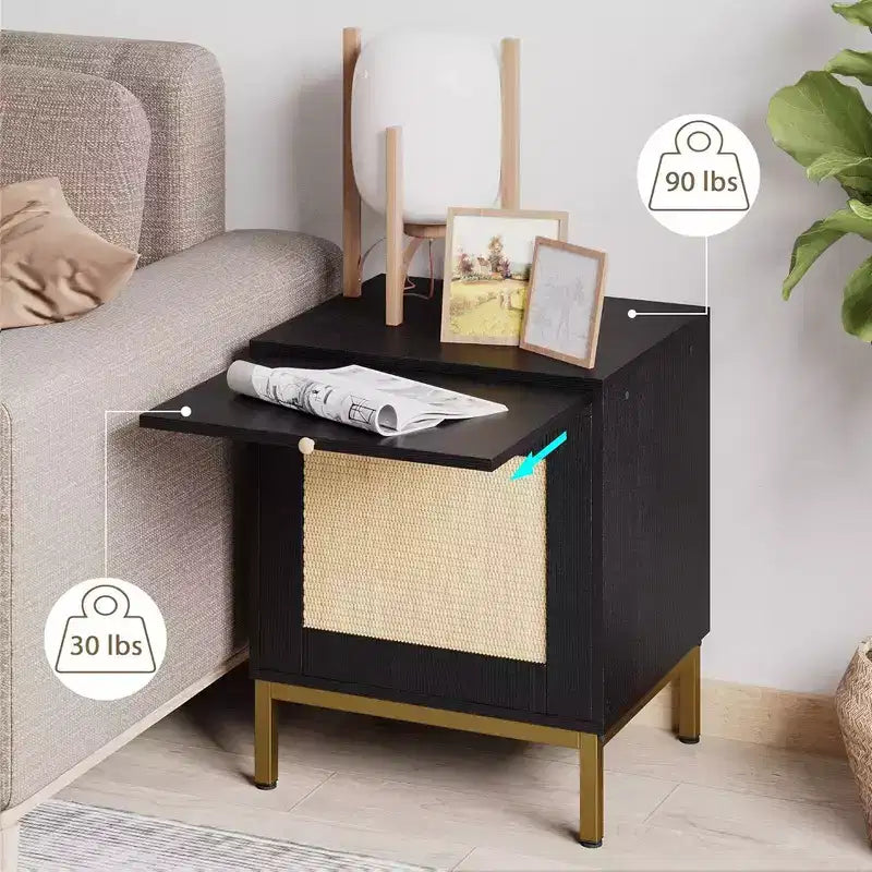 Table d'appoint en rotin, table de chevet en bois avec plateau pour salon, chambre, table d'appoint avec étagère de rangement