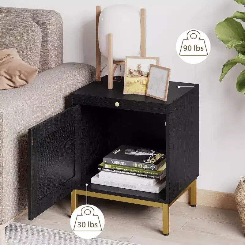 Table d'appoint en rotin, table de chevet en bois avec plateau pour salon, chambre, table d'appoint avec étagère de rangement