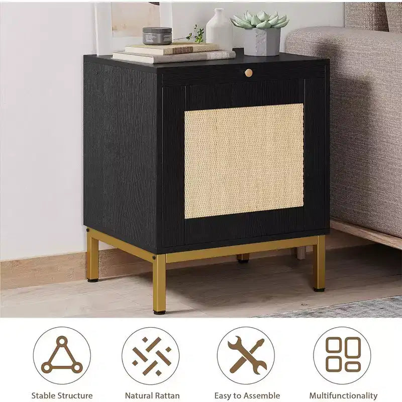 Table d'appoint en rotin, table de chevet en bois avec plateau pour salon, chambre, table d'appoint avec étagère de rangement