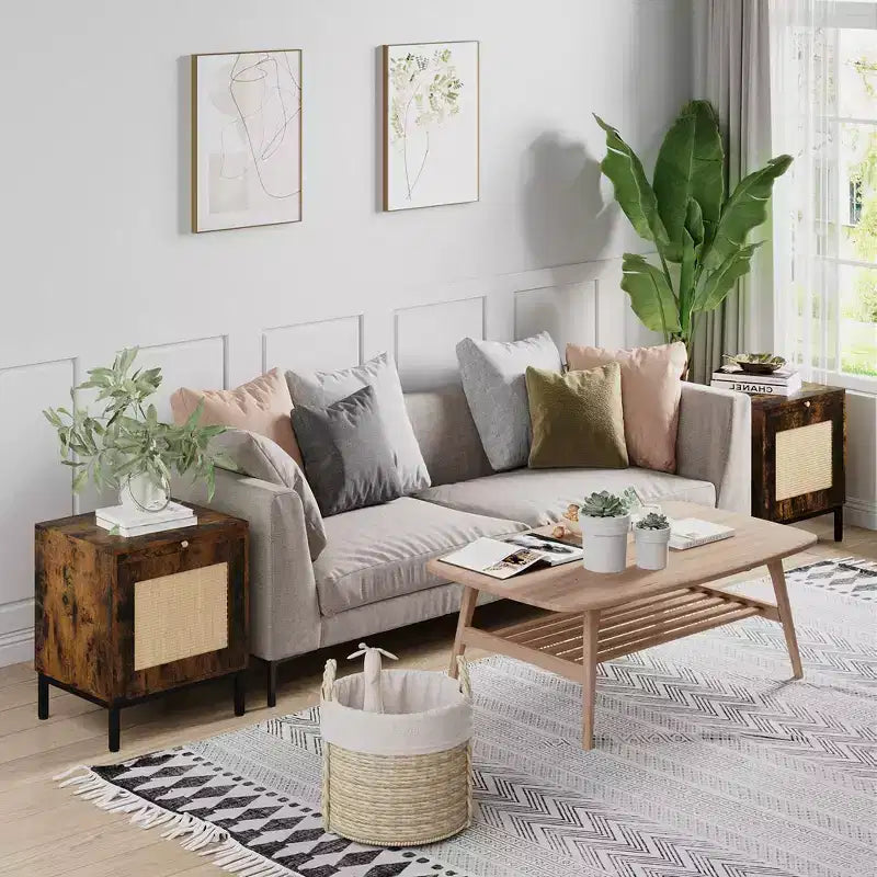 Table d'appoint en rotin, table de chevet en bois avec plateau pour salon, chambre, table d'appoint avec étagère de rangement