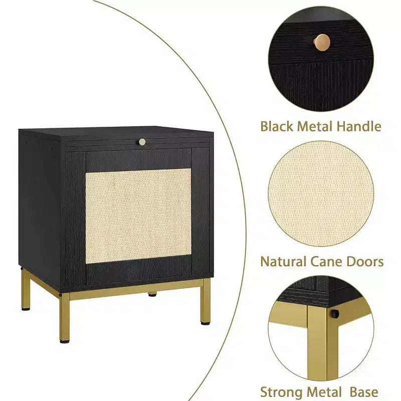 Table d'appoint en rotin, table de chevet en bois avec plateau pour salon, chambre, table d'appoint avec étagère de rangement