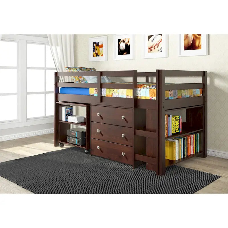 Lit surélevé bas avec bureau Donco Kids pour enfants, format double