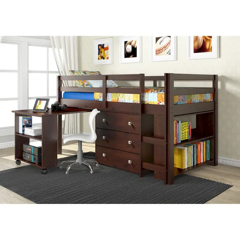 Lit surélevé bas avec bureau Donco Kids pour enfants, format double