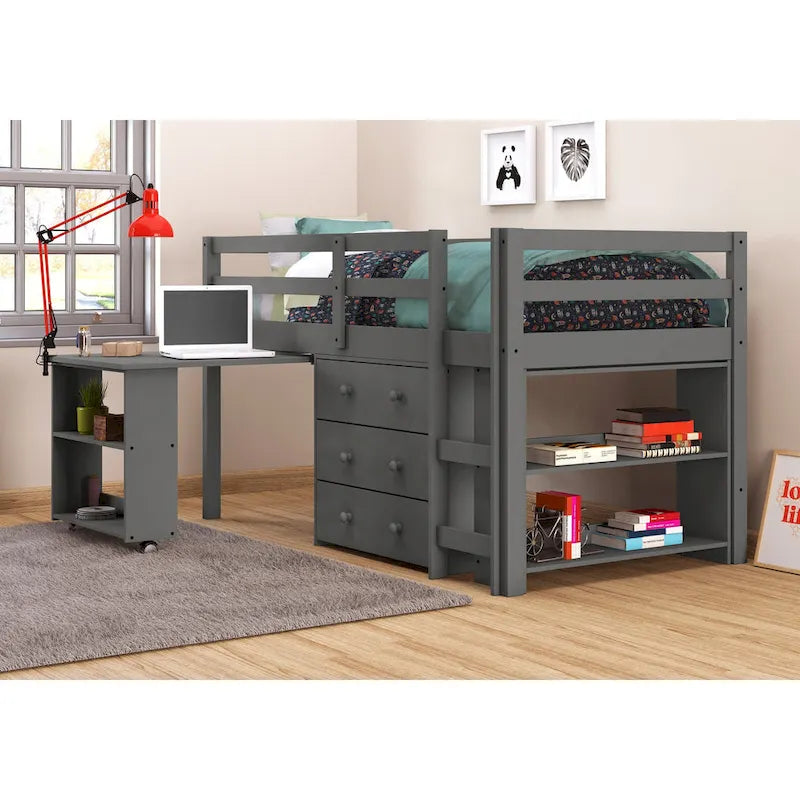 Lit surélevé bas avec bureau Donco Kids pour enfants, format double
