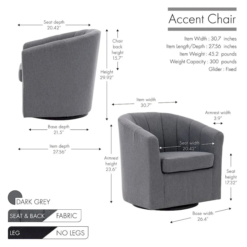 Porthos Home Matilde Fauteuil d'appoint pivotant en tissu avec coussin de siège amovible