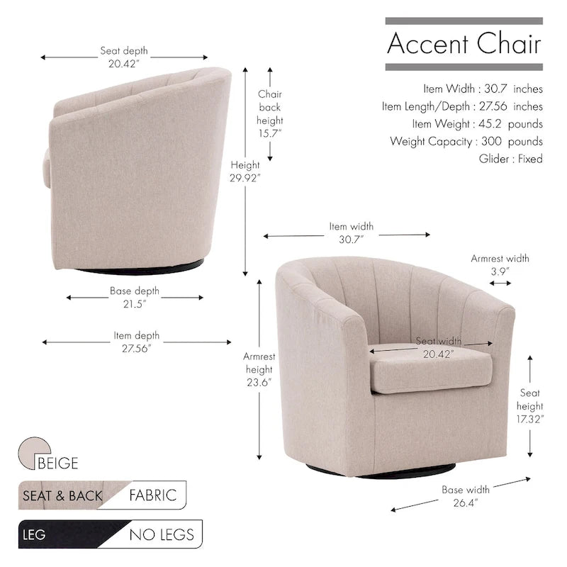 Porthos Home Matilde Fauteuil d'appoint pivotant en tissu avec coussin de siège amovible