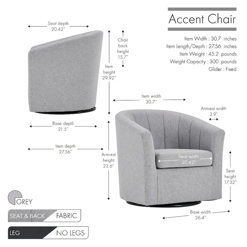 Porthos Home Matilde Fauteuil d'appoint pivotant en tissu avec coussin de siège amovible