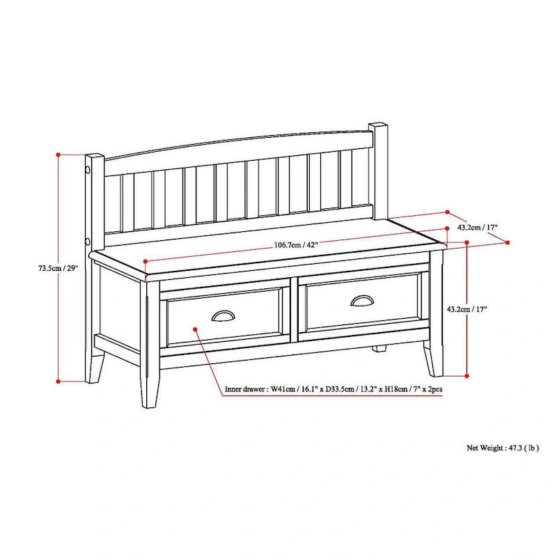 WYNDENHALL Portland Banc de rangement de transition en BOIS MASSIF de 42 pouces de large avec tiroirs – 42 pouces de large