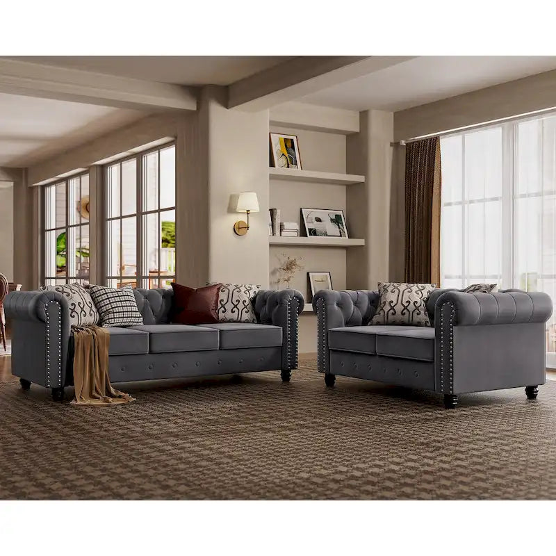 Morden Fort Canapé deux places et canapé club Chesterfield capitonnés en velours avec clous décoratifs pour salon (2 pièces)