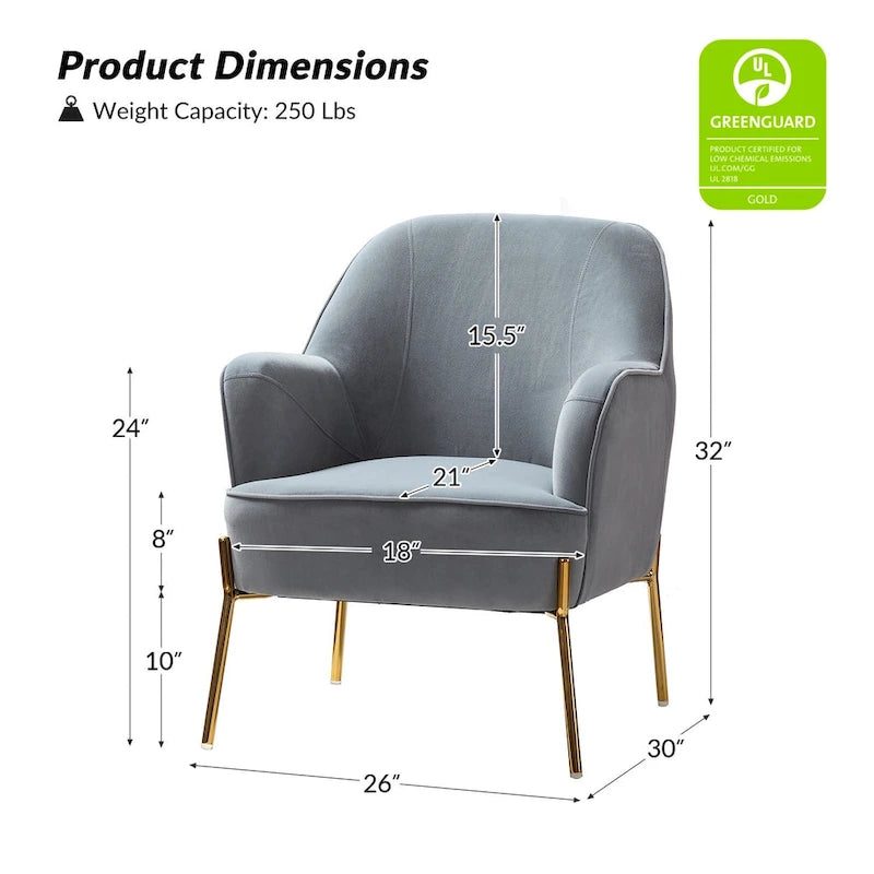 Lot de 2 fauteuils d'appoint Marina en velours moderne avec pieds dorés par HULALA HOME