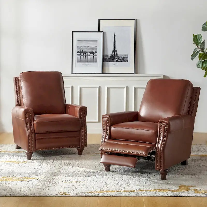 Fauteuil inclinable moderne du milieu du siècle en cuir véritable avec garniture cloutée (lot de 2) par HULALA HOME