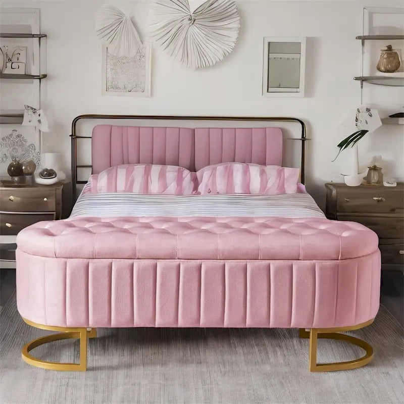 Pouf de rangement en velours rembourré avec capitonnage