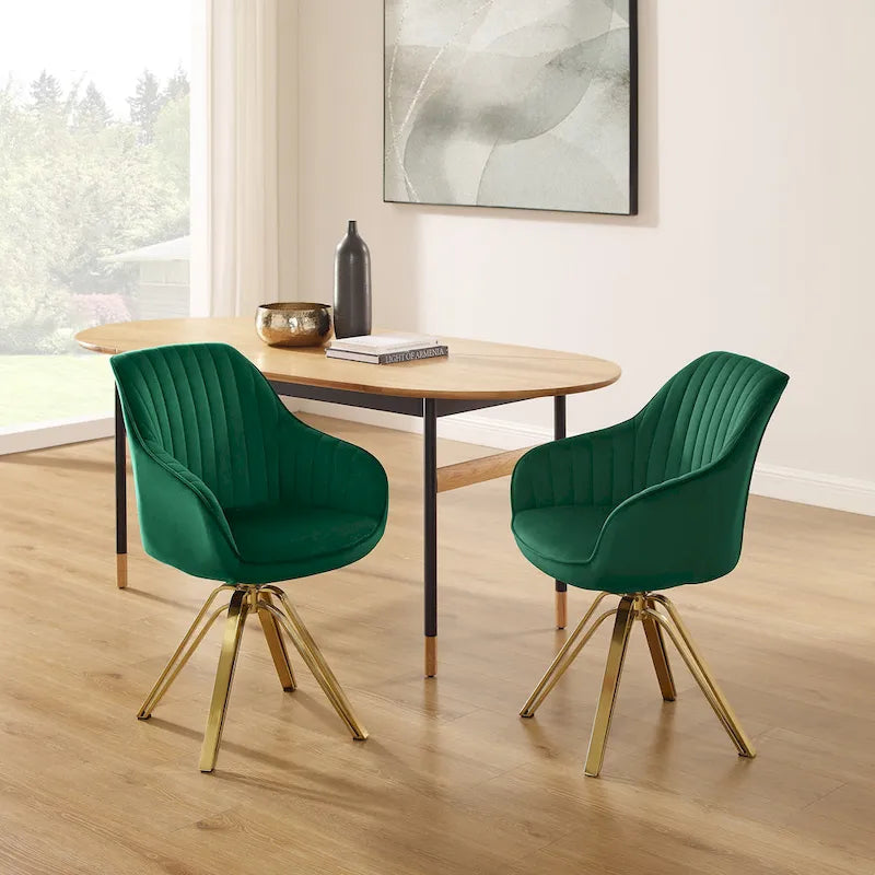 Lot de 2 chaises de salle à manger pivotantes en velours Art Leon avec pieds dorés