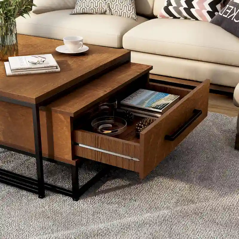 Tables basses gigognes carrées rustiques marron Saxon 2 pièces en bois massif avec 1 tiroir par Furniture of America