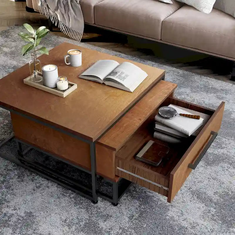 Tables basses gigognes carrées rustiques marron Saxon 2 pièces en bois massif avec 1 tiroir par Furniture of America