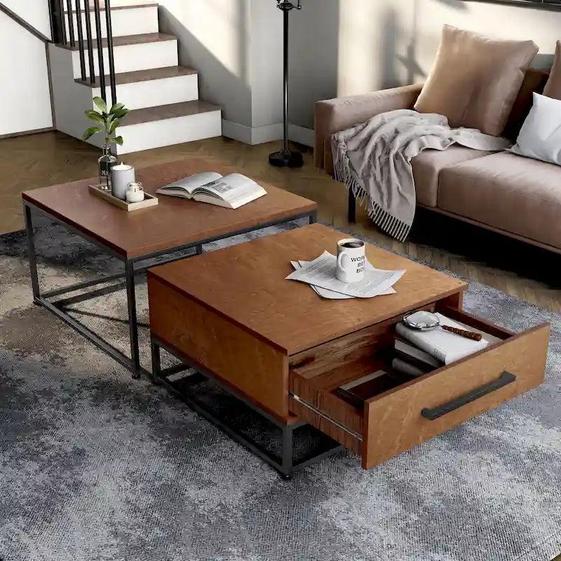 Tables basses gigognes carrées rustiques marron Saxon 2 pièces en bois massif avec 1 tiroir par Furniture of America